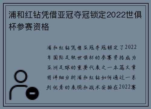 浦和红钻凭借亚冠夺冠锁定2022世俱杯参赛资格