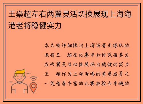 王燊超左右两翼灵活切换展现上海海港老将稳健实力 王燊超左右两翼灵活切换展现上海海港老将稳健实力