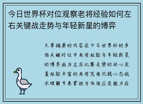今日世界杯对位观察老将经验如何左右关键战走势与年轻新星的博弈 今日世界杯对位观察老将经验如何左右关键战走势与年轻新星的博弈
